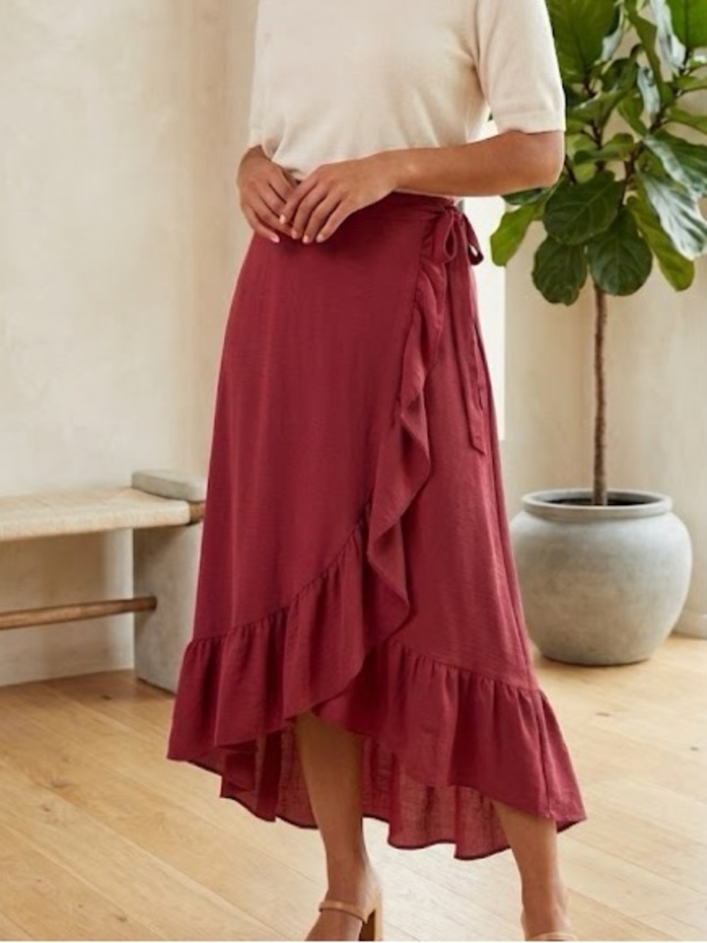 Red Ruffle Faux Wrap Midi Skirt